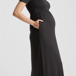 Quince Women Tencel‎ Jersey Maternity Maxi Dress Black Basic Sleeved XL Minimal